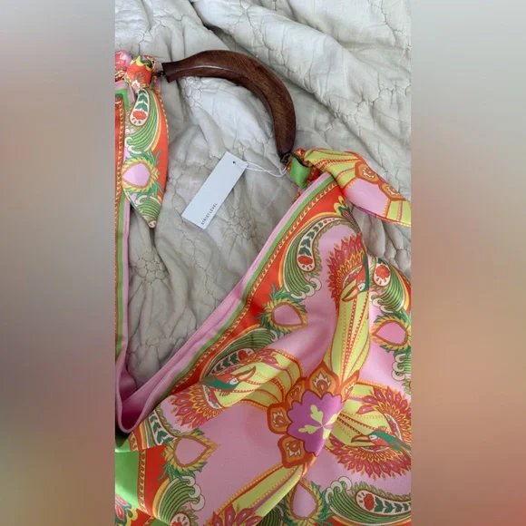 Street Level Pink Orange Green Paisley Shoulder Bag with Wooden Handle - Picture 3 of 4